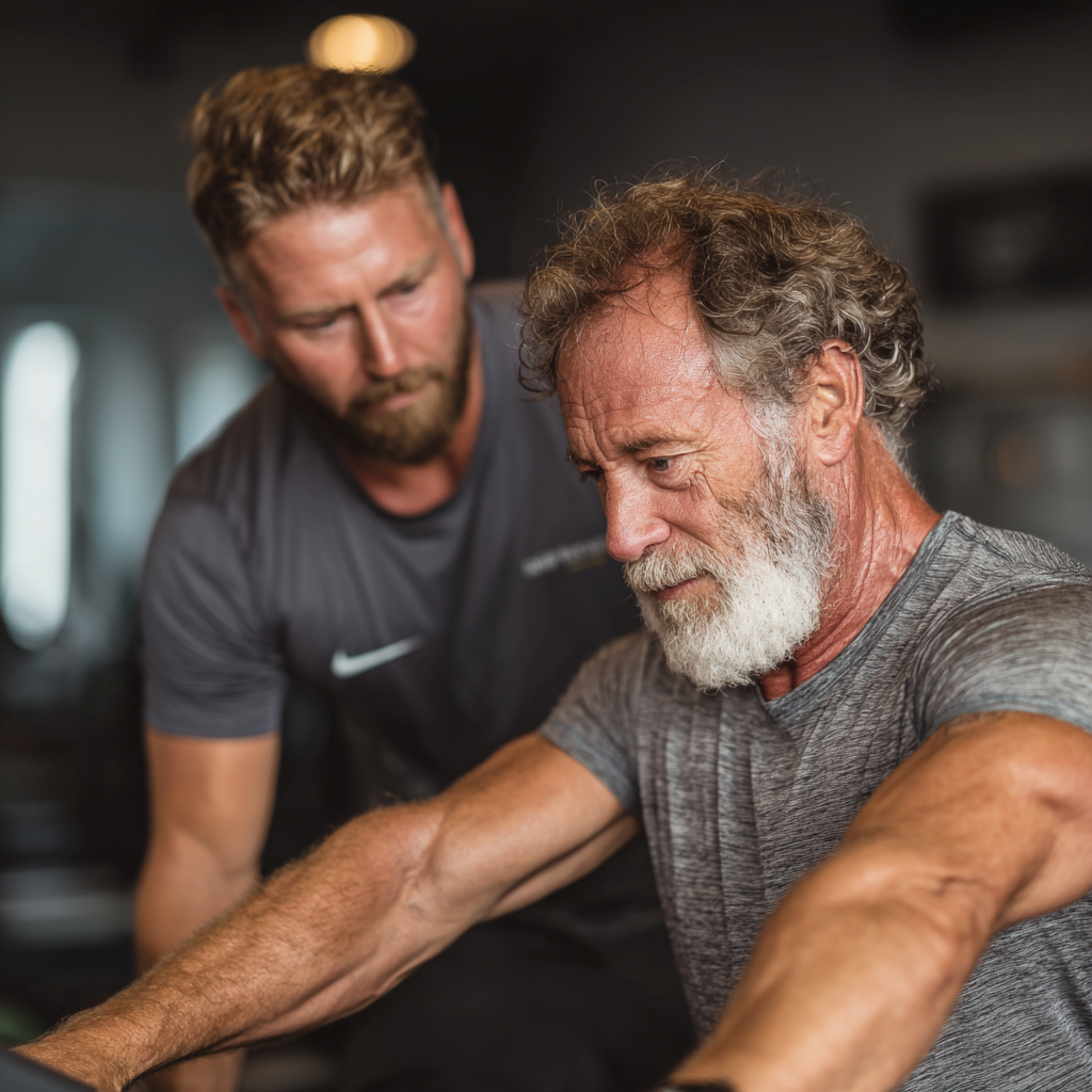 51 years old trainer guiding 50 years old client through exercise routine
