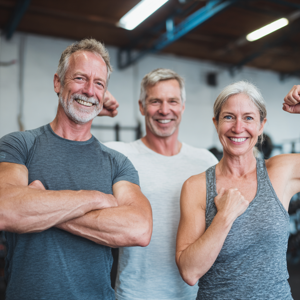 52 years old adults celebrating fitness achievement in glontirek gym